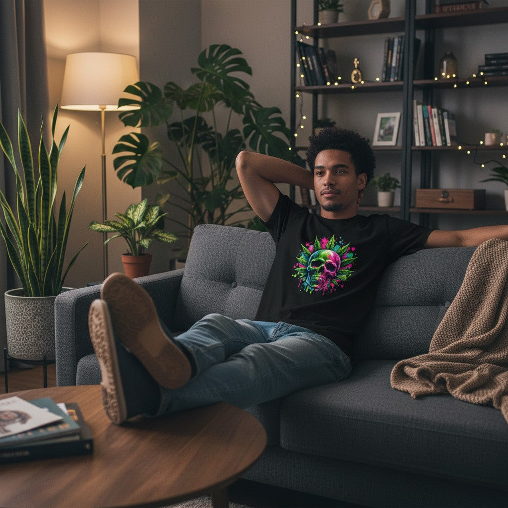 Man wearing a black t-shirt featuring a cannabis and skull design, relaxing on a couch in a cozy living room with plants and books.
