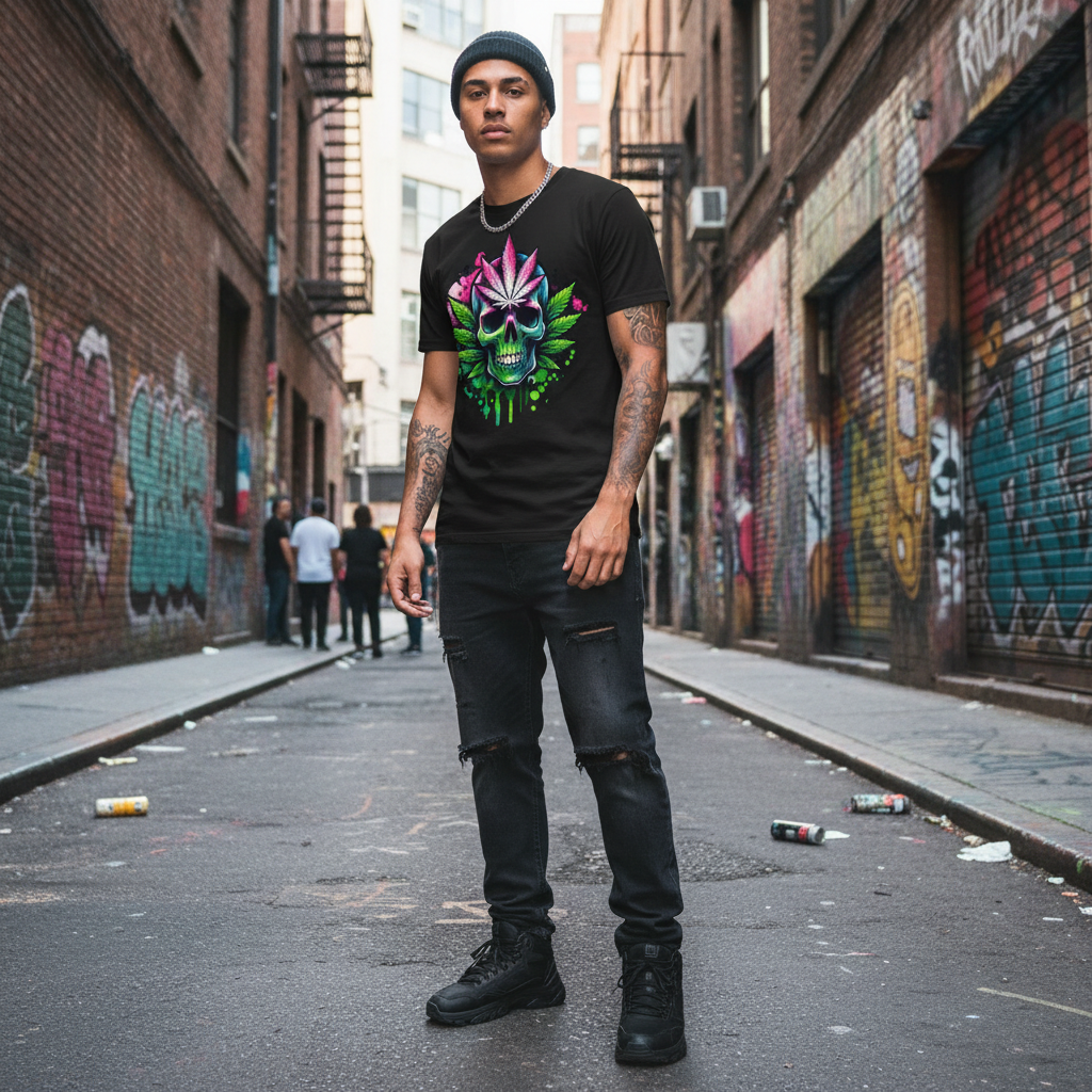 Person wearing a black t-shirt with a colorful cannabis skull design in an urban alleyway.
