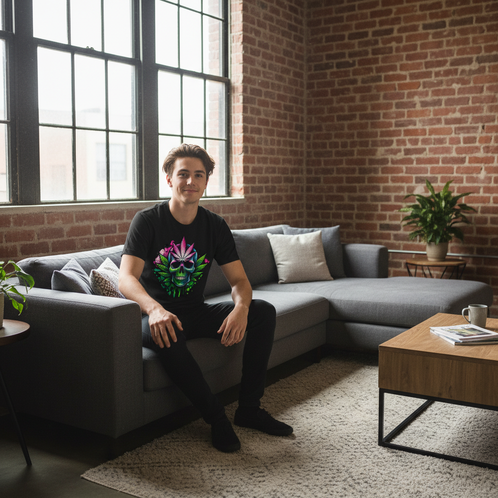 Man sitting on a gray sectional sofa wearing a cannabis skull design t-shirt in a modern living room with brick walls.