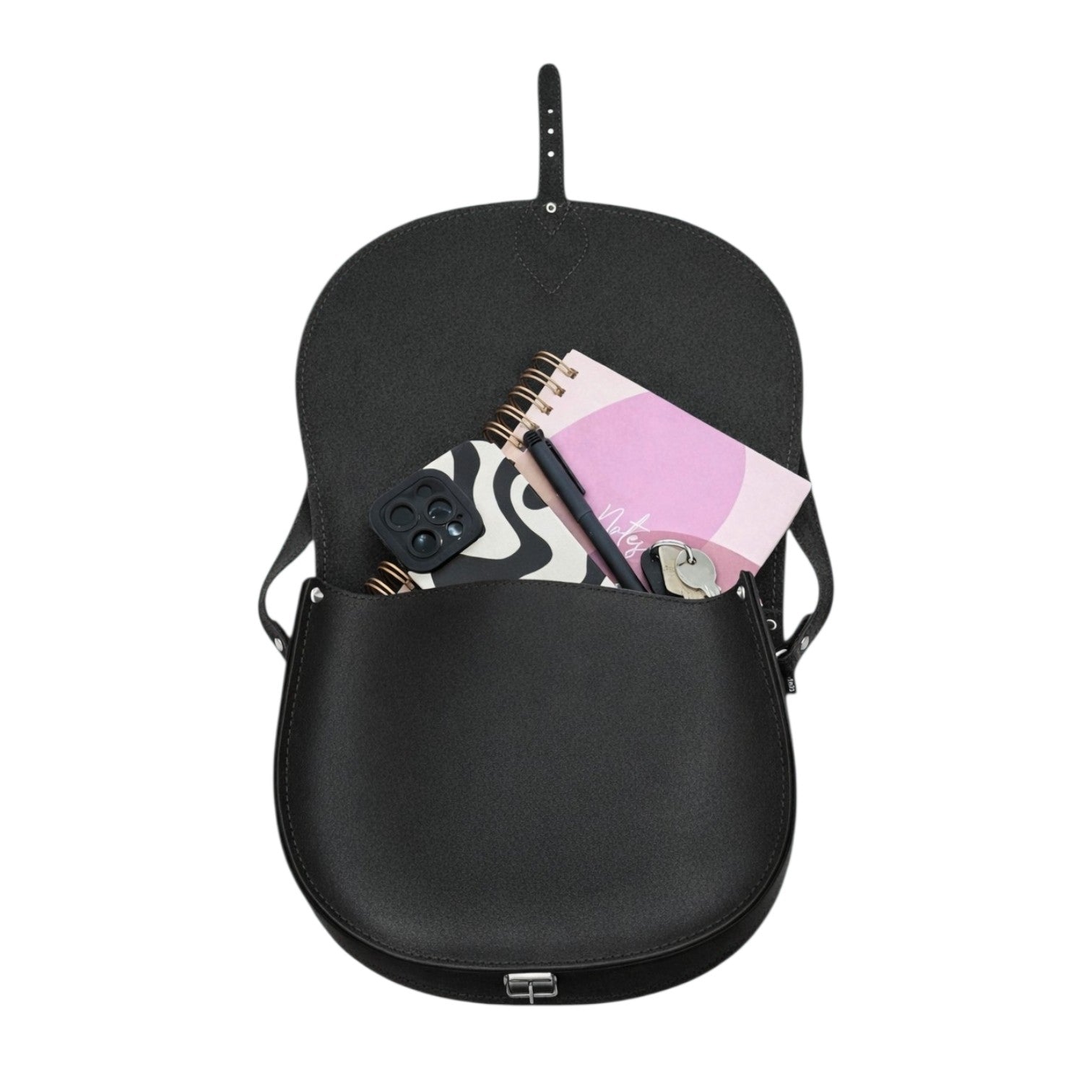 Zatchels Black leather saddle bag contents view