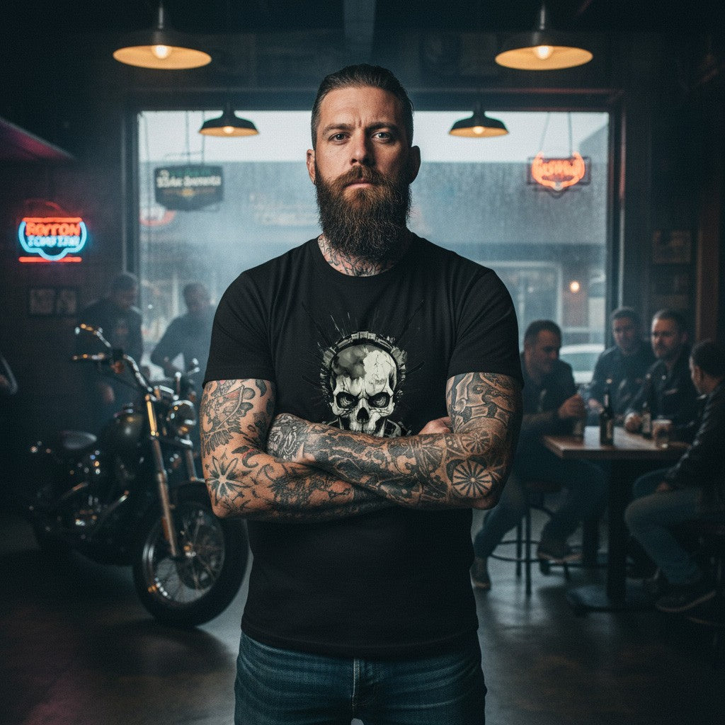 Man with tattoos standing in a bar with neon signs and motorcycles, wearing a black t-shirt featuring a grim dark skull.