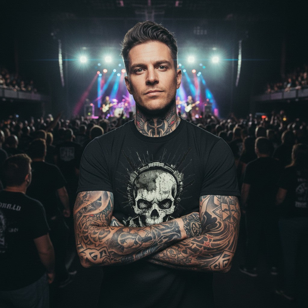 Man wearing a black t-shirt featuring a grim dark skull, with tattoos standing in front of a concert crowd with stage lights in the background