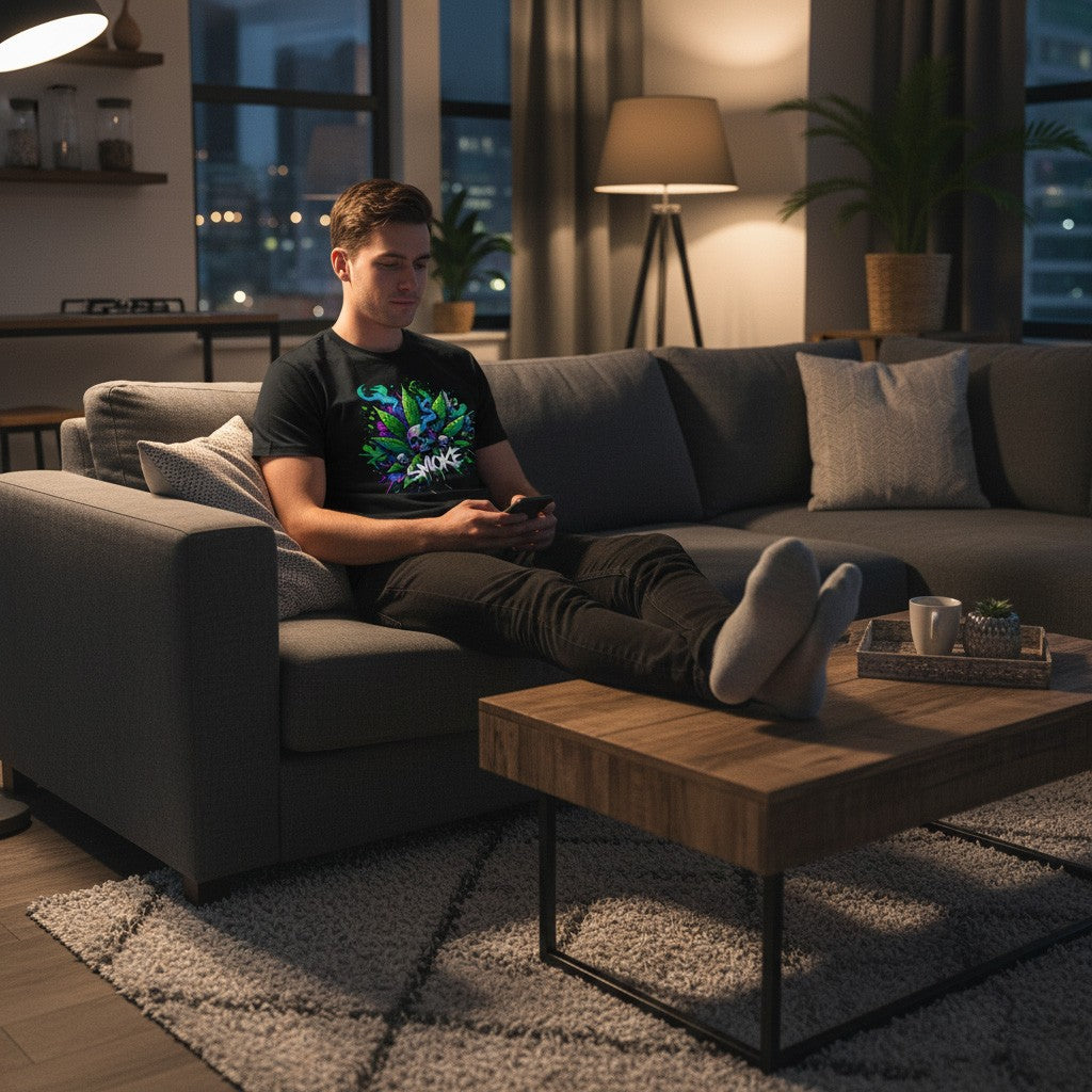 Person sitting on a couch wearing a black cannabis design t-shirt, in a dimly lit living room with a cityscape view.