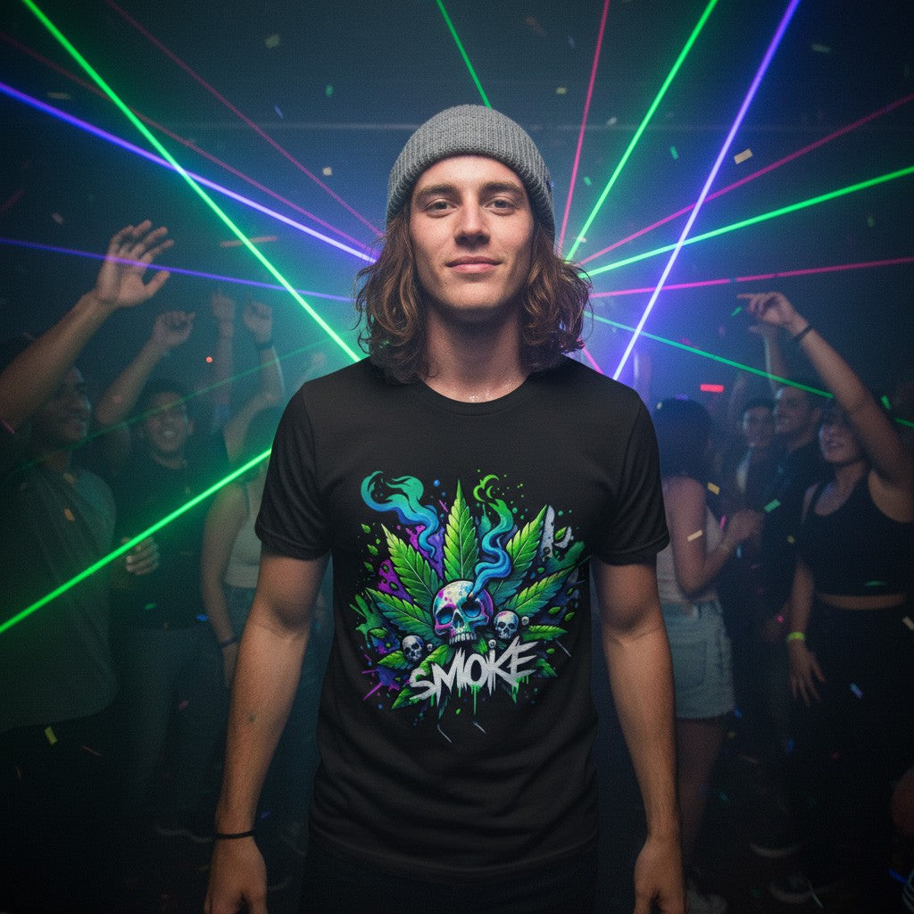 Person wearing a black t-shirt with a colorful cannabis design in a laser light setting in a club