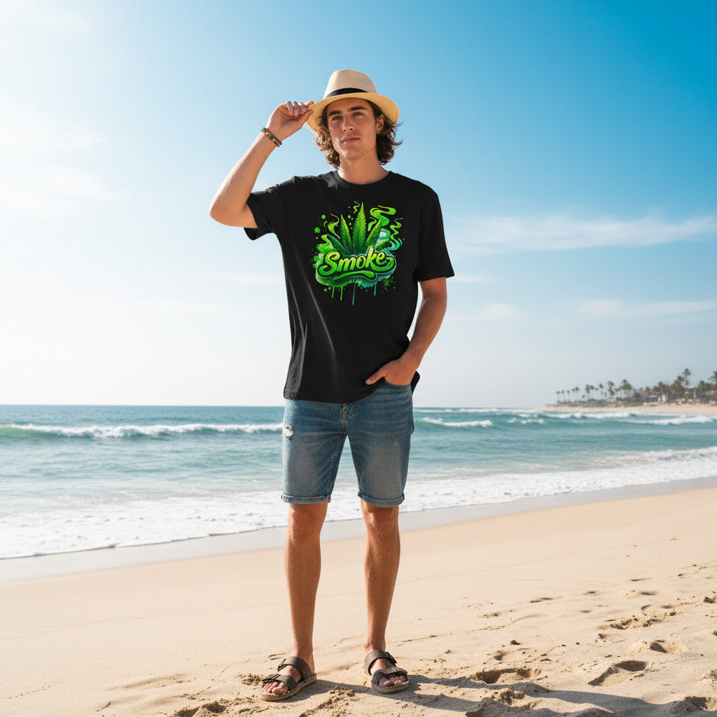 Person wearing a black "Smoke" graphic design t-shirt on a beach