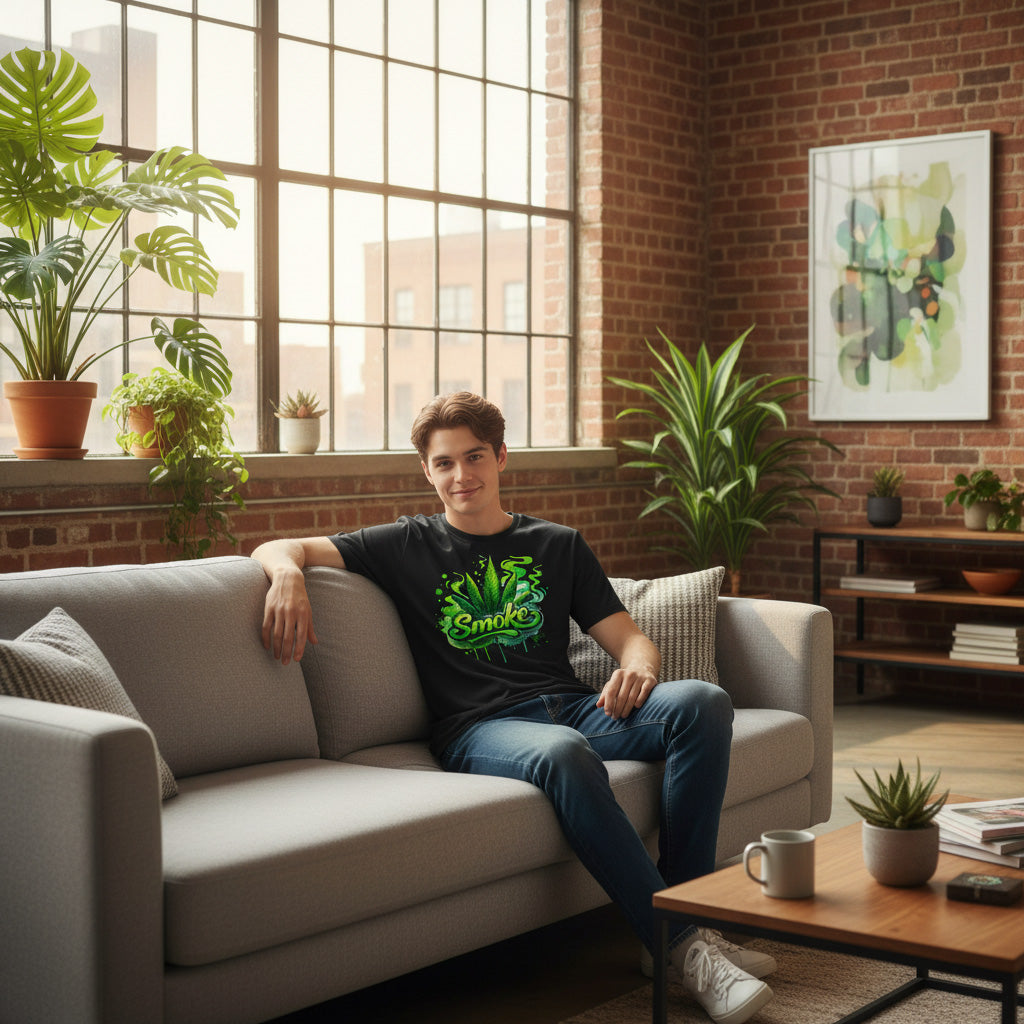 Person sitting on a couch in a modern living room wearing a "Smoke" t-shirt  with plants and a large window.
