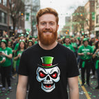 Man wearing a black St. Patrick's Day t-shirt with a skull design at a St. Patrick's Day parade.