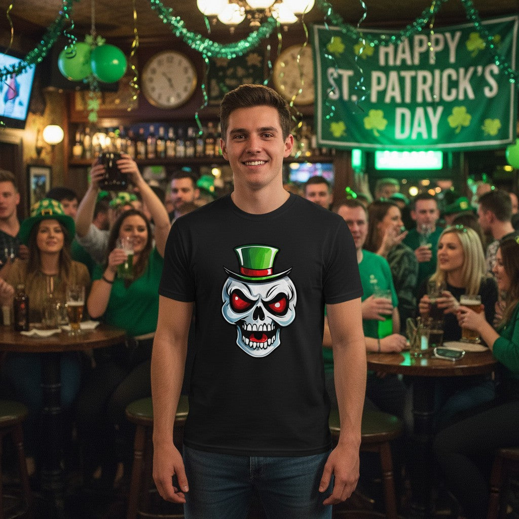 Man wearing a black t-shirt with a skull design in a pub celebrating St. Patrick's Day.