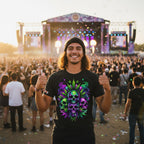Man at a music festival wearing a black t-shirt featuring a cannabis design with colorful stage in the background