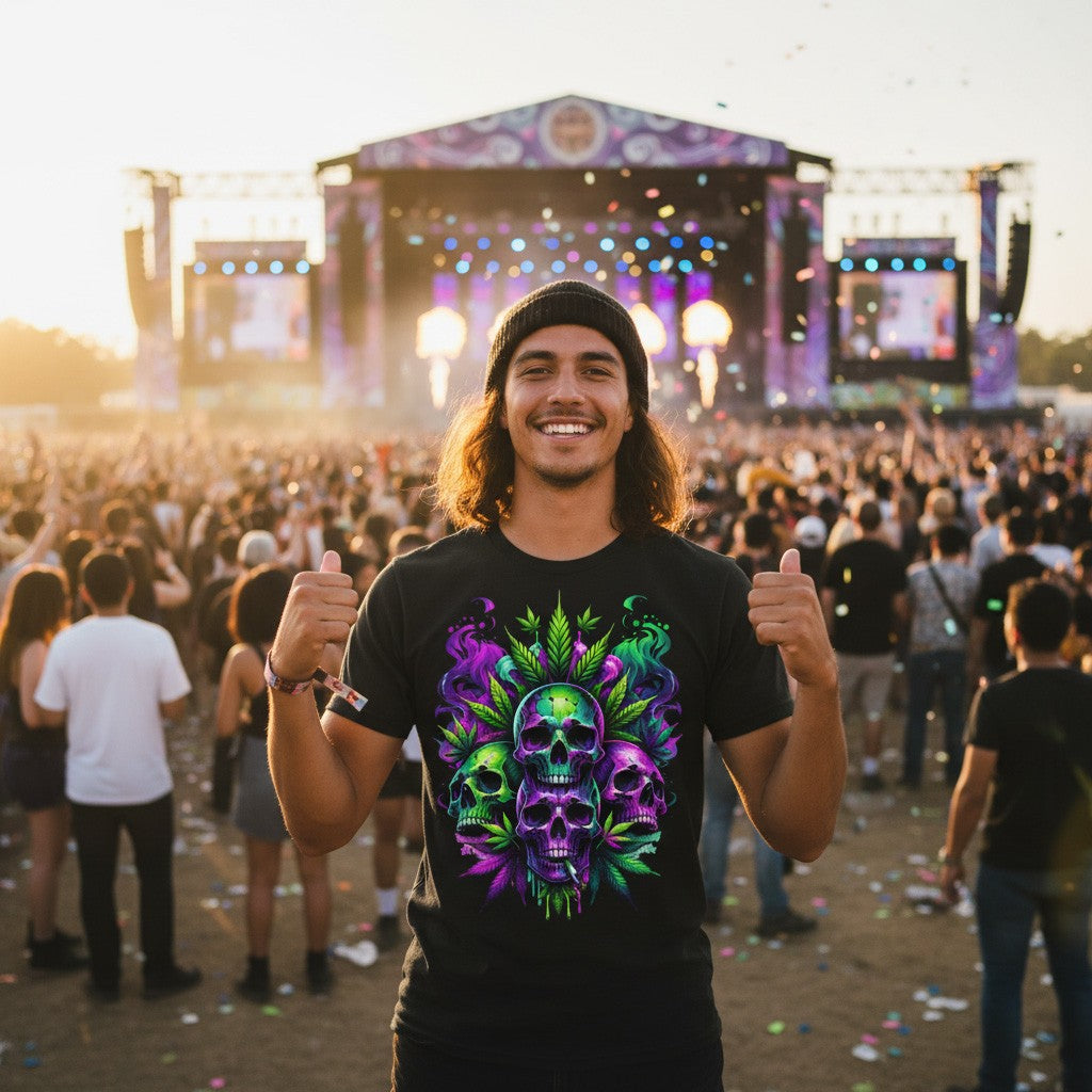 Man at a music festival wearing a black t-shirt featuring a cannabis design with colorful stage in the background