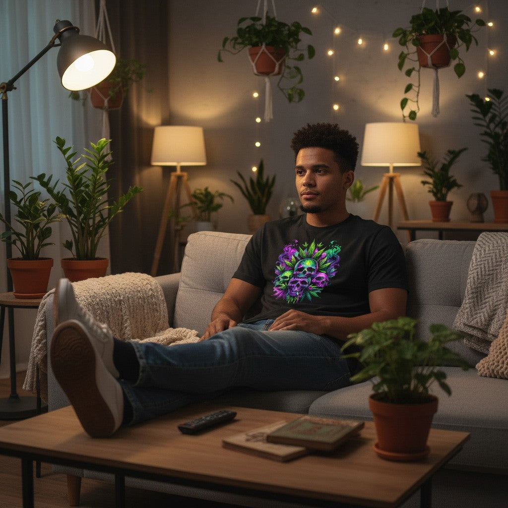 Man sitting on a couch wearing a black t-shirt featuring a cannabis design, in a cozy living room with plants and string lights.