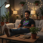 Man sitting on a couch wearing a black t-shirt featuring a cannabis design, in a cozy living room with plants and string lights.