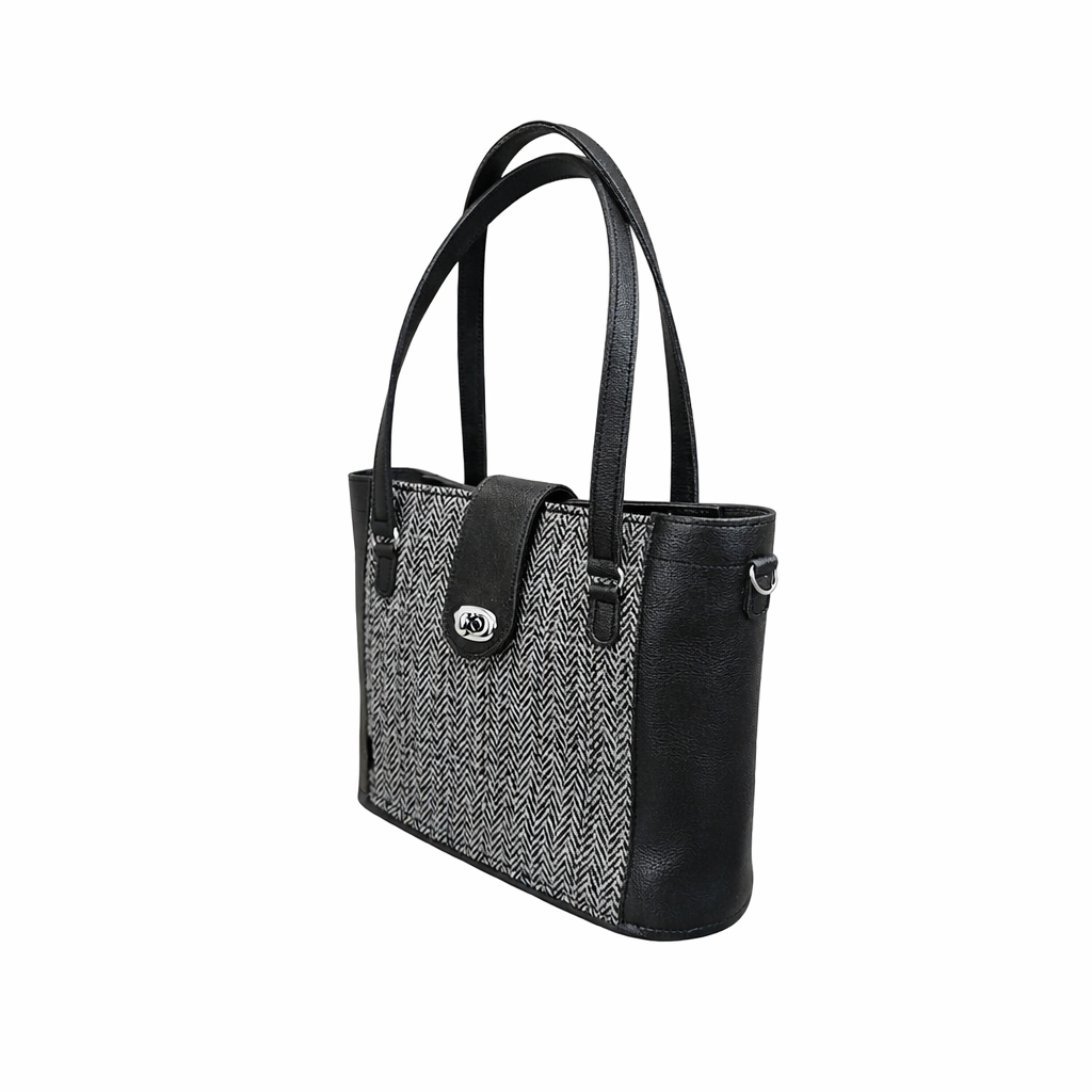 Zatchels Black Tannery Tweed shopper bag side view
