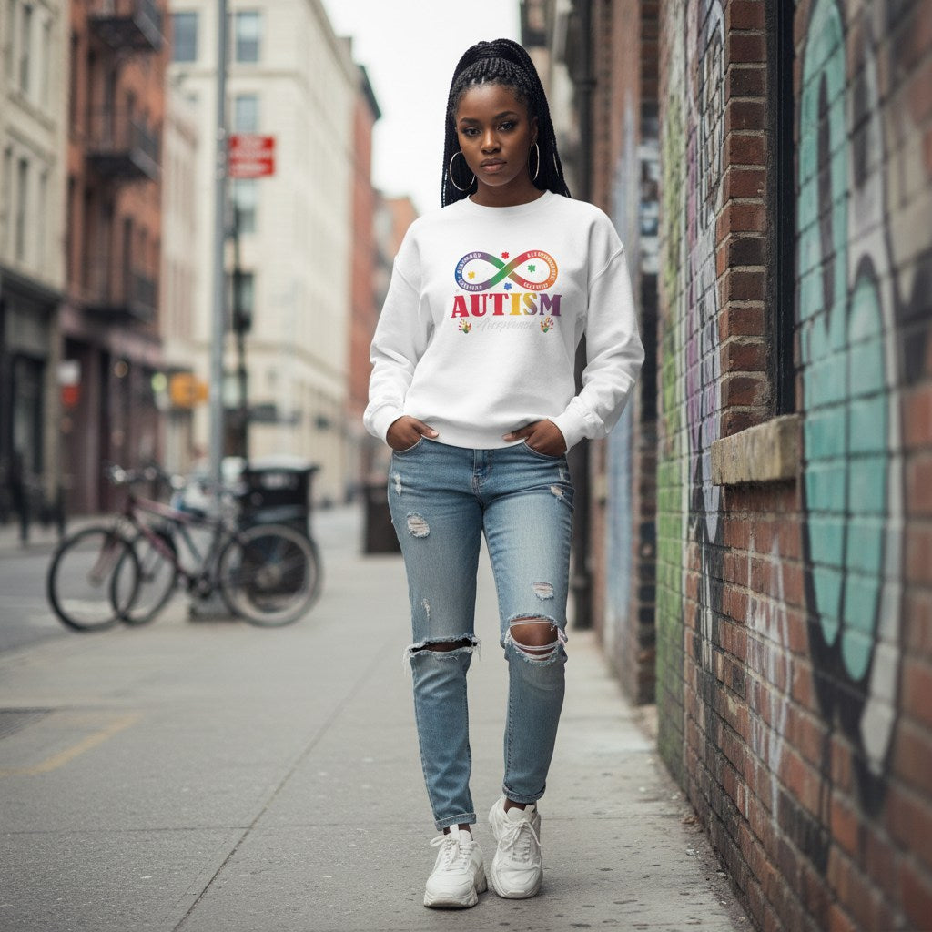 Black woman wearing a white autism acceptance infinity sweatshirt.