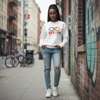 Black woman wearing a white autism acceptance infinity sweatshirt.