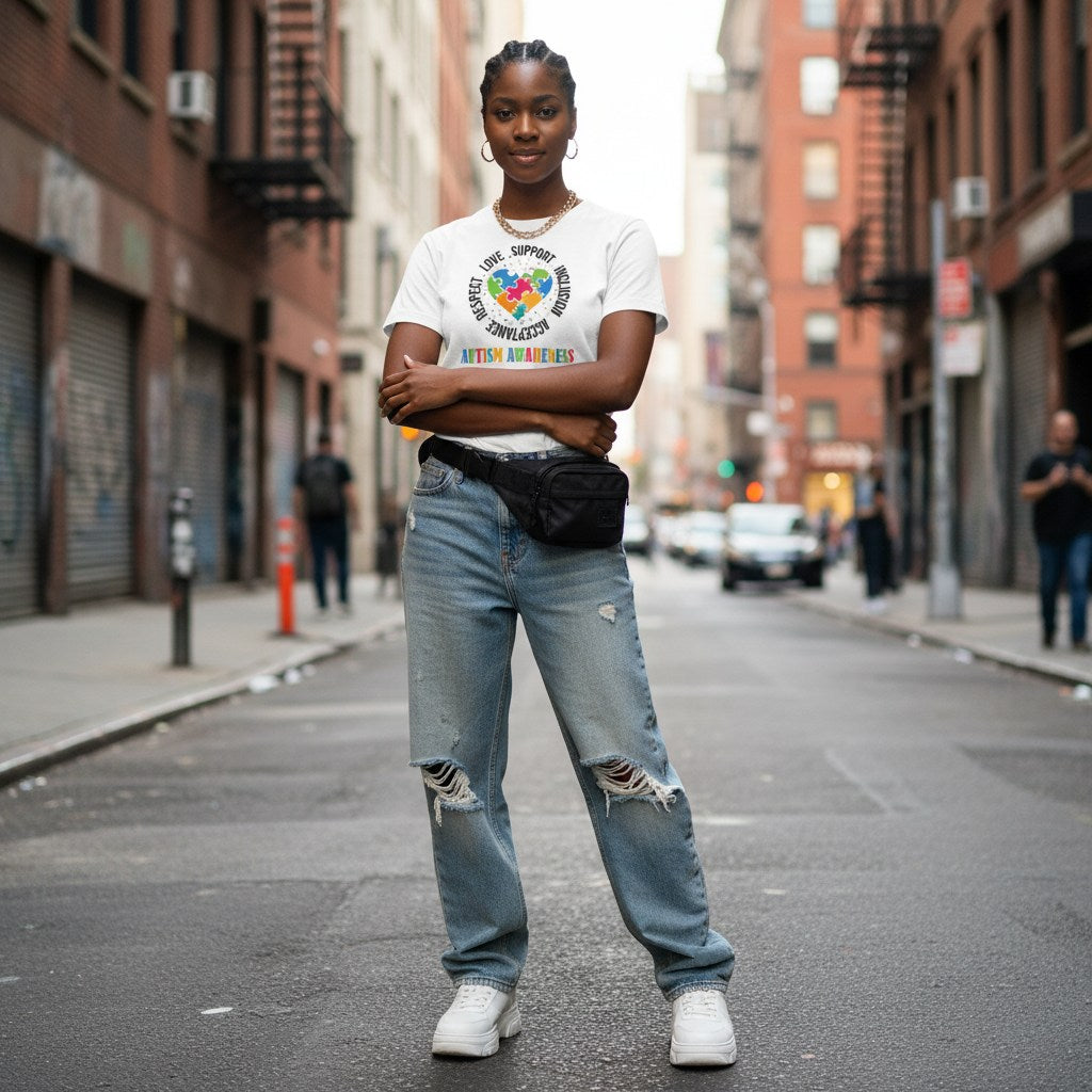 Black woman wearing a white autism awareness puzzle heart t-shirt.
