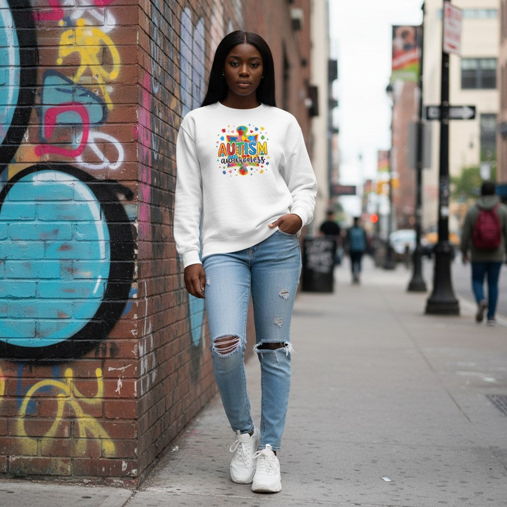 Black woman wearing a white autism awareness puzzle piece sweatshirt.