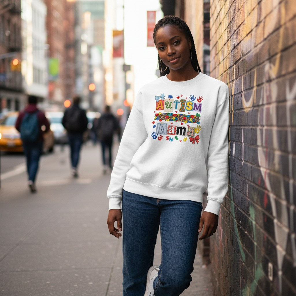 Black woman wearing a white autism mama collage sweatshirt.