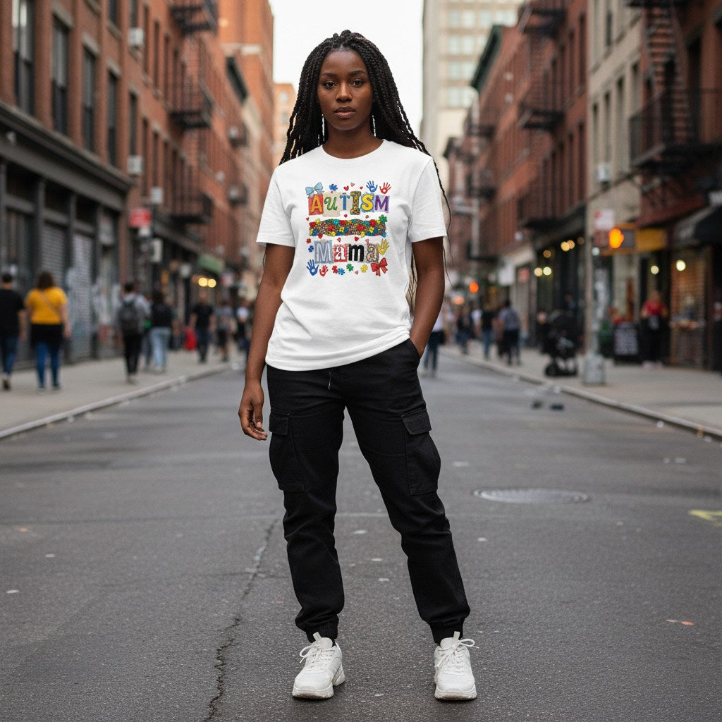 Black woman wearing a white autism mama collage t-shirt.