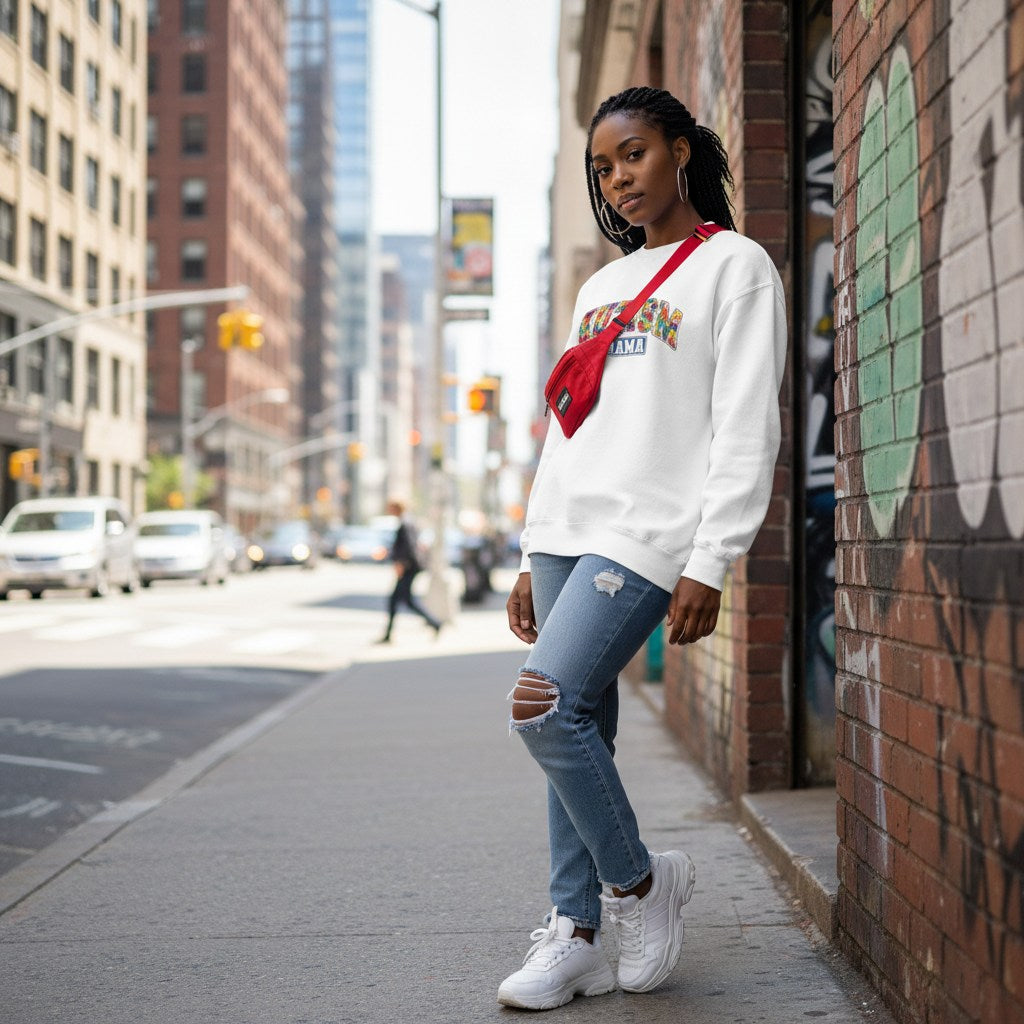 Black woman wearing a white autism mama collegiate sweatshirt.