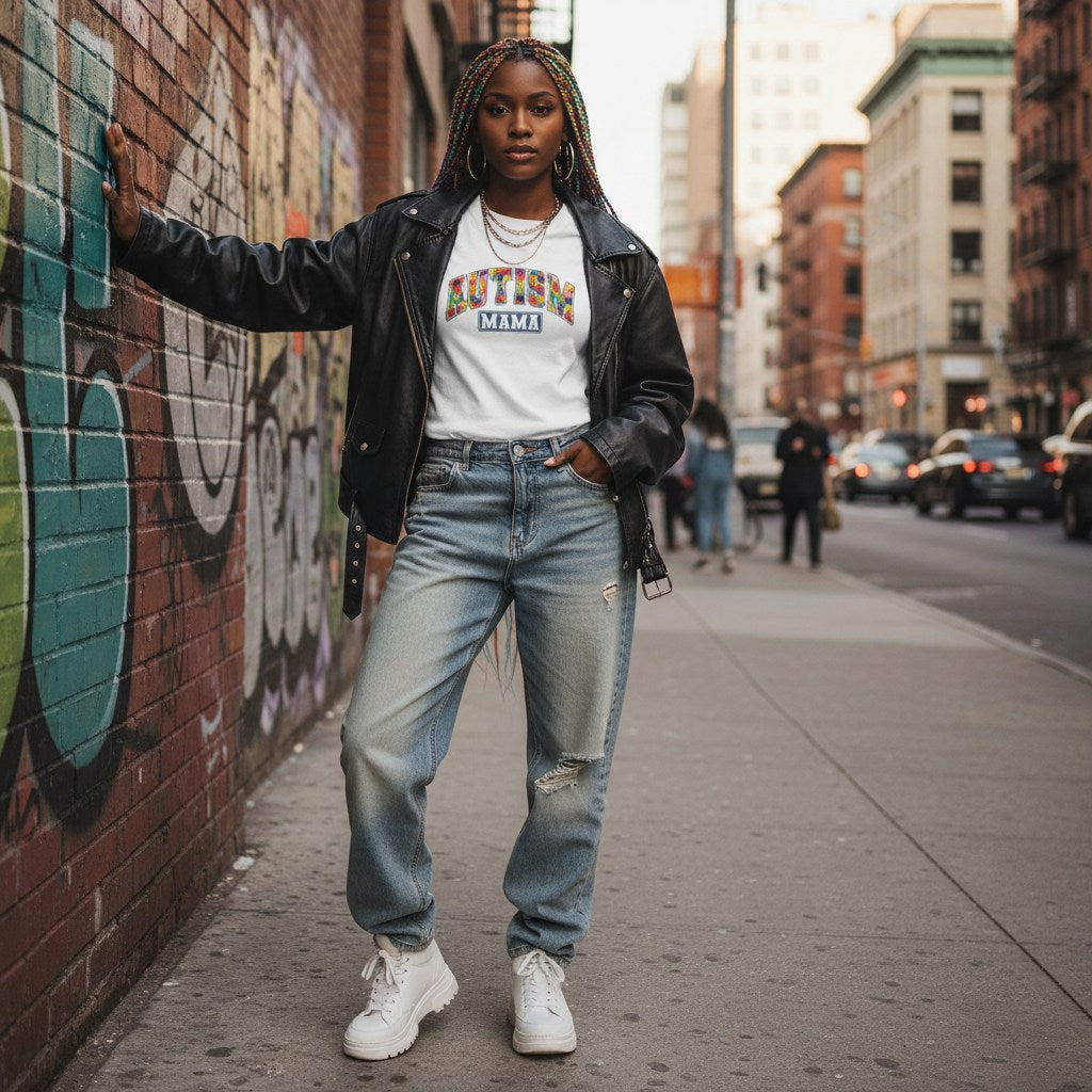 Black woman wearing a white autism mama t-shirt.