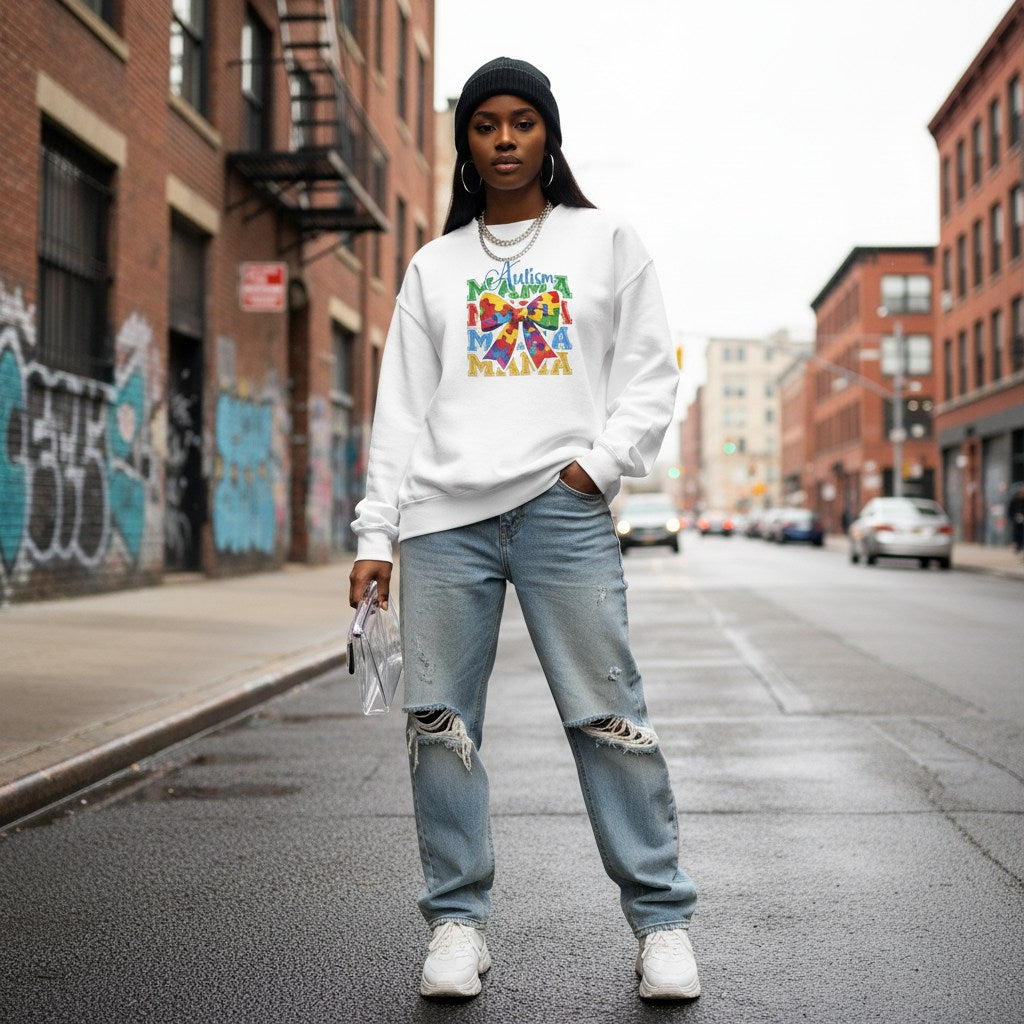 Black woman wearing a white autism mama sweatshirt.