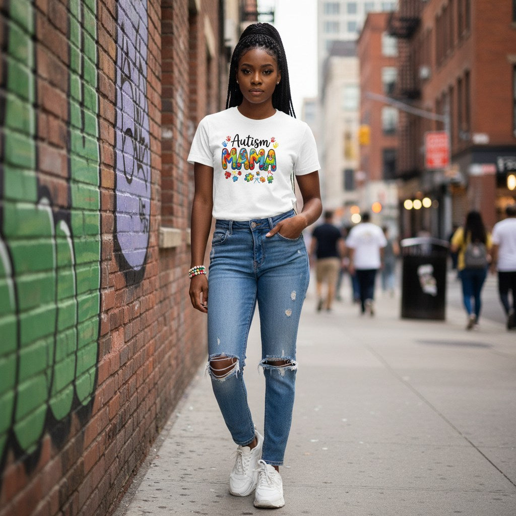 Black woman wearing a white autism awareness T-shirt.