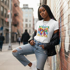 Black woman wearing a white Autism Mama T-shirt.