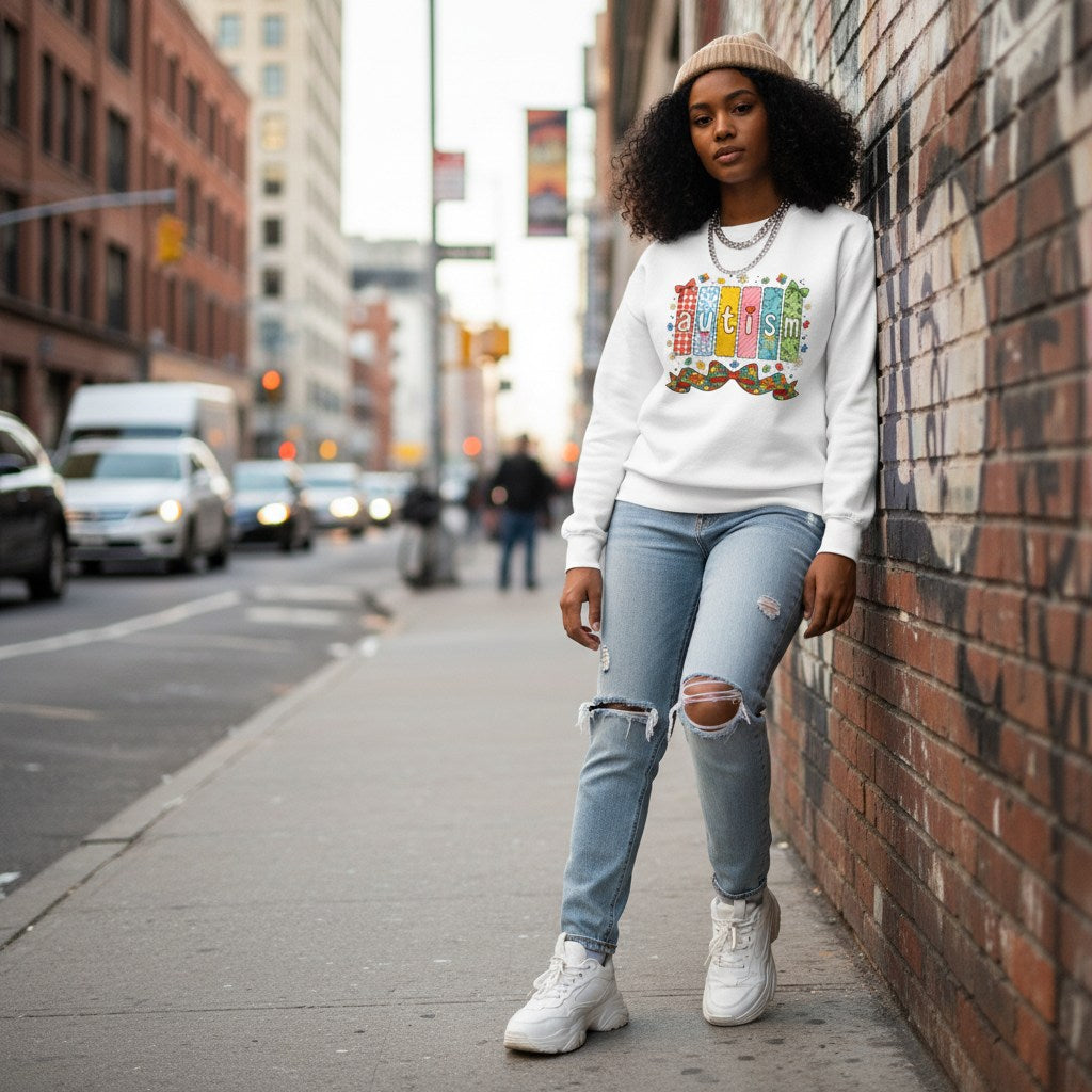Black woman wearing a white autism patchwork panel sweatshirt.