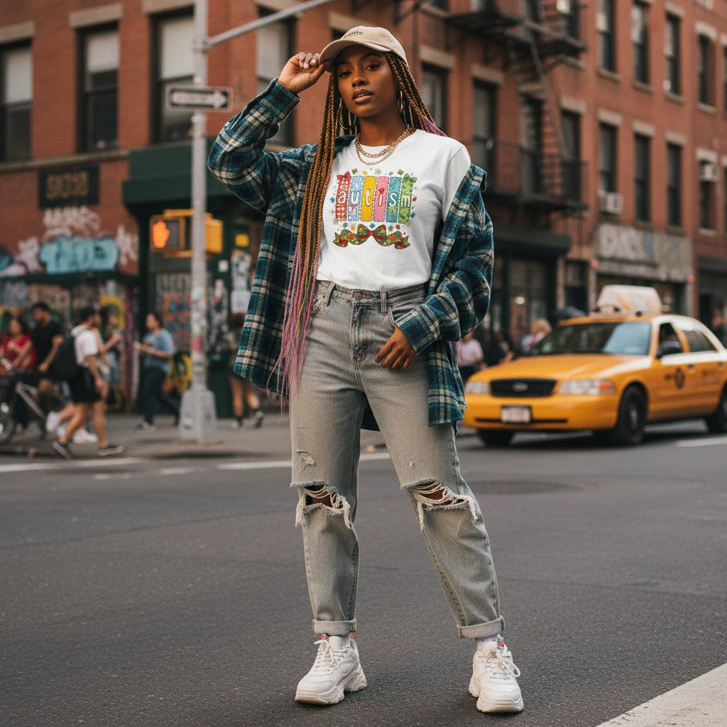 Black woman wearing a white autism awareness T-shirt.