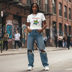 Black woman wearing a white "Be Happy In Your Own Shell" rainbow turtle t-shirt.