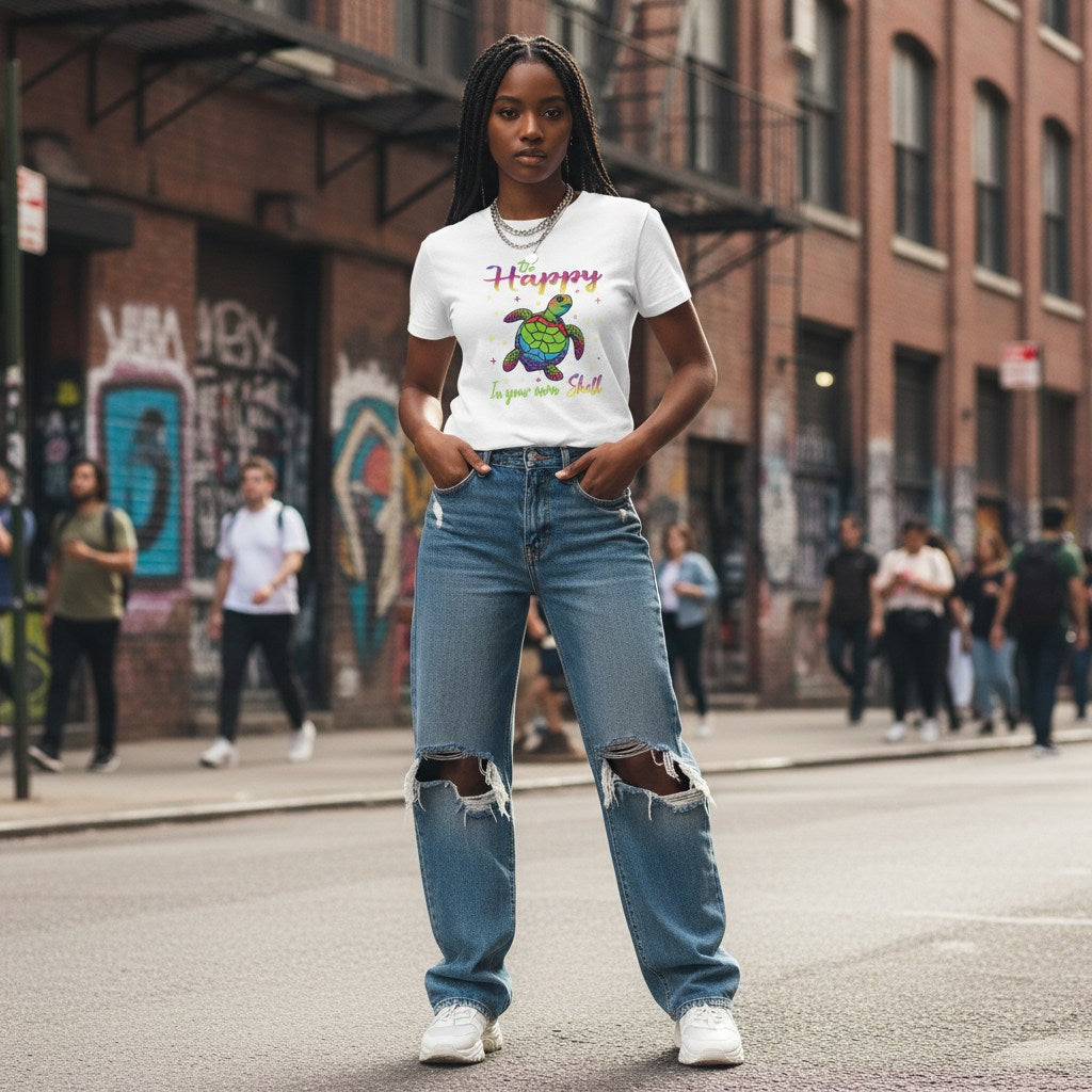 Black woman wearing a white "Be Happy In Your Own Shell" rainbow turtle t-shirt.