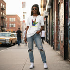 Black woman wearing a white Be Kind autism awareness t-shirt.