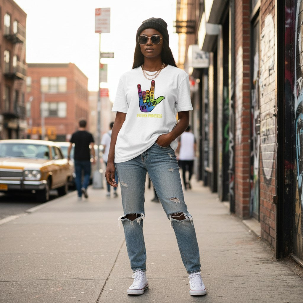 Black woman wearing a white Be Kind autism awareness t-shirt.