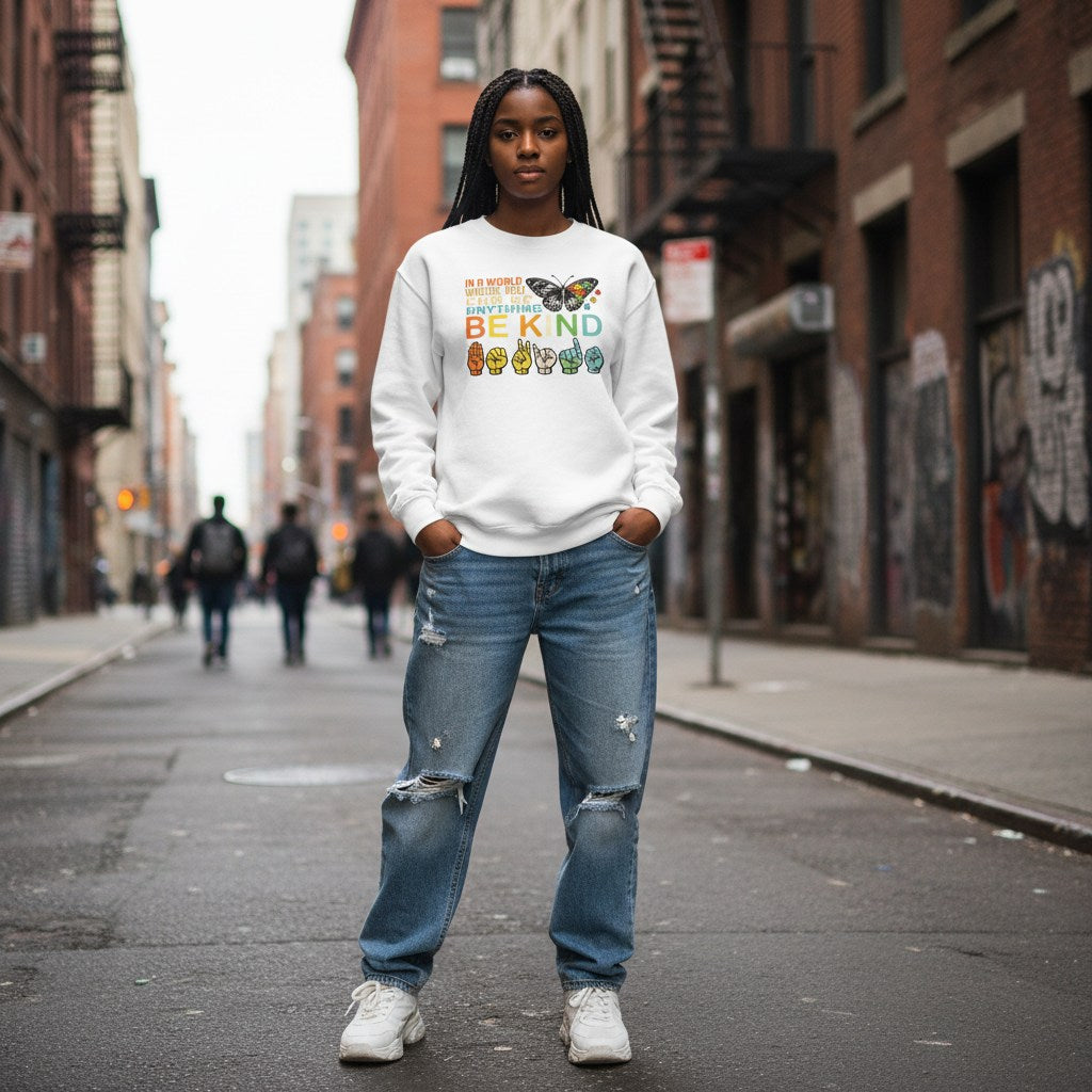 Black woman wearing a white be kind butterfly ASL sweatshirt.