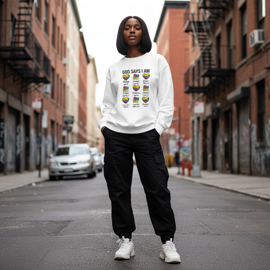 Black woman wearing a white God Says I Am Autism Puzzle Hearts sweatshirt.