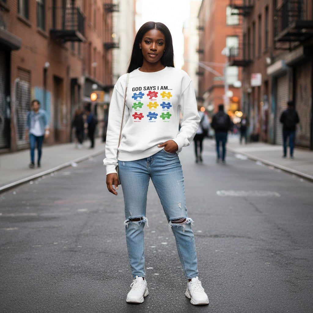 Black woman wearing a white God Says I Am autism awareness sweatshirt.