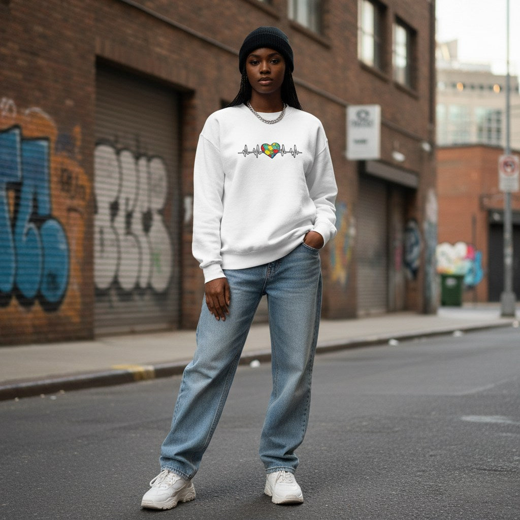 Black woman wearing a white autism heartbeat puzzle sweatshirt.