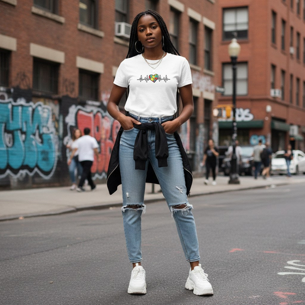 Black woman wearing a white autism awareness heartbeat puzzle T-shirt.