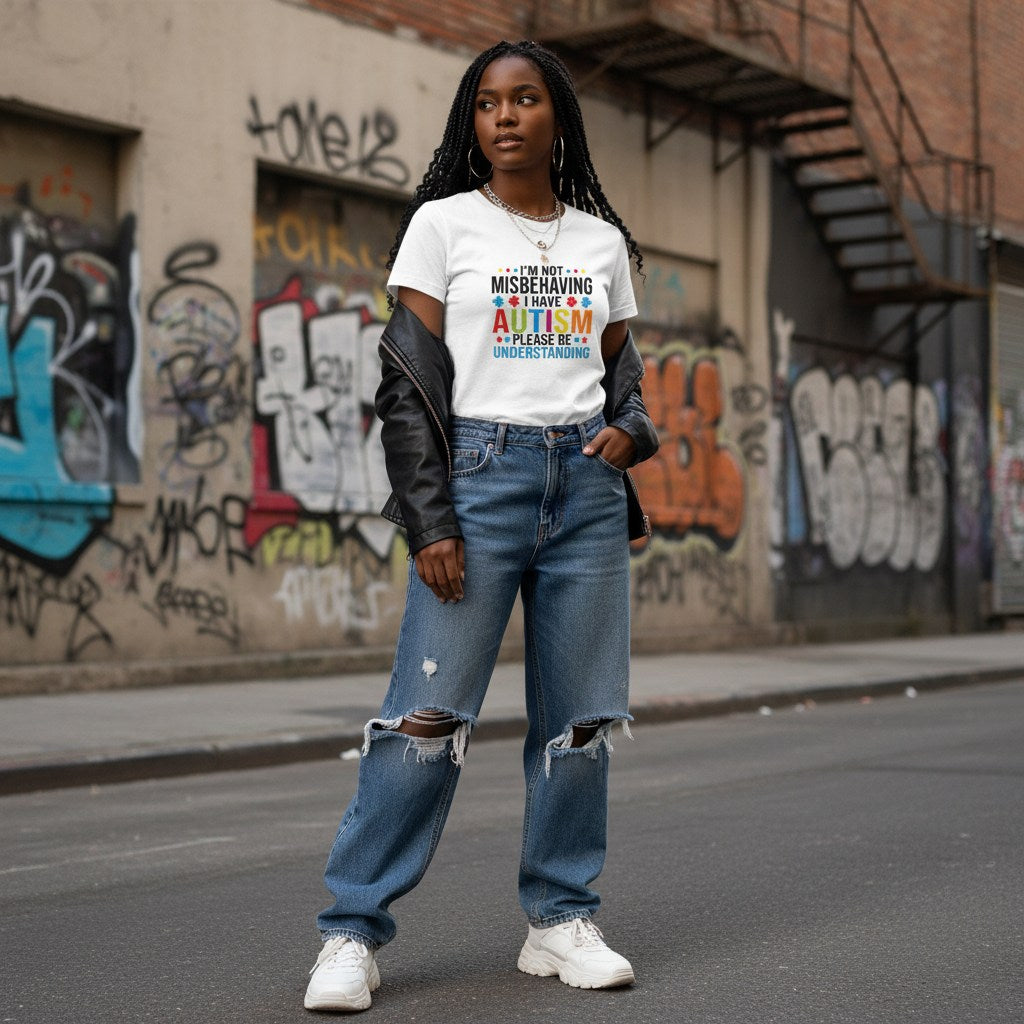 Black woman wearing a white autism awareness t-shirt.