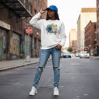 Black woman wearing a white in April we wear blue autism sunflower sweatshirt.