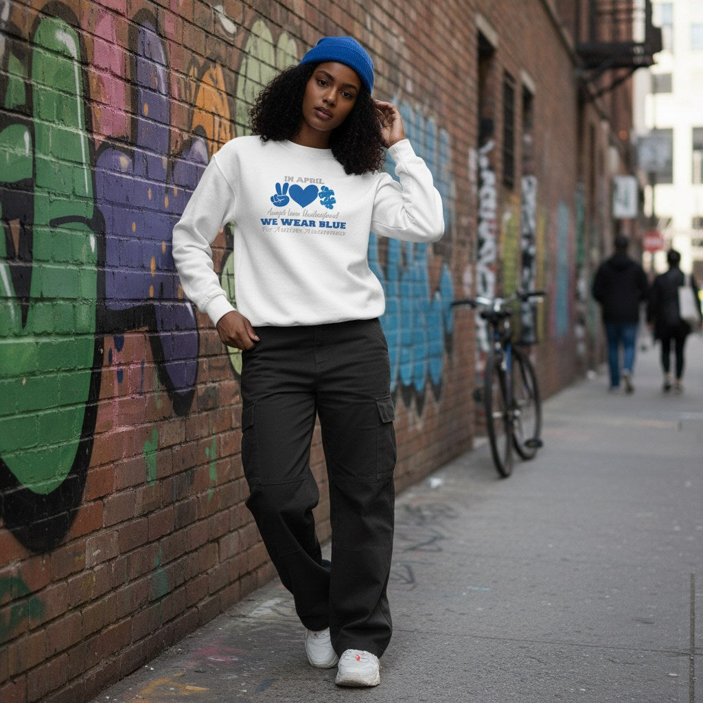 Black woman wearing a white In April We Wear Blue autism awareness sweatshirt.