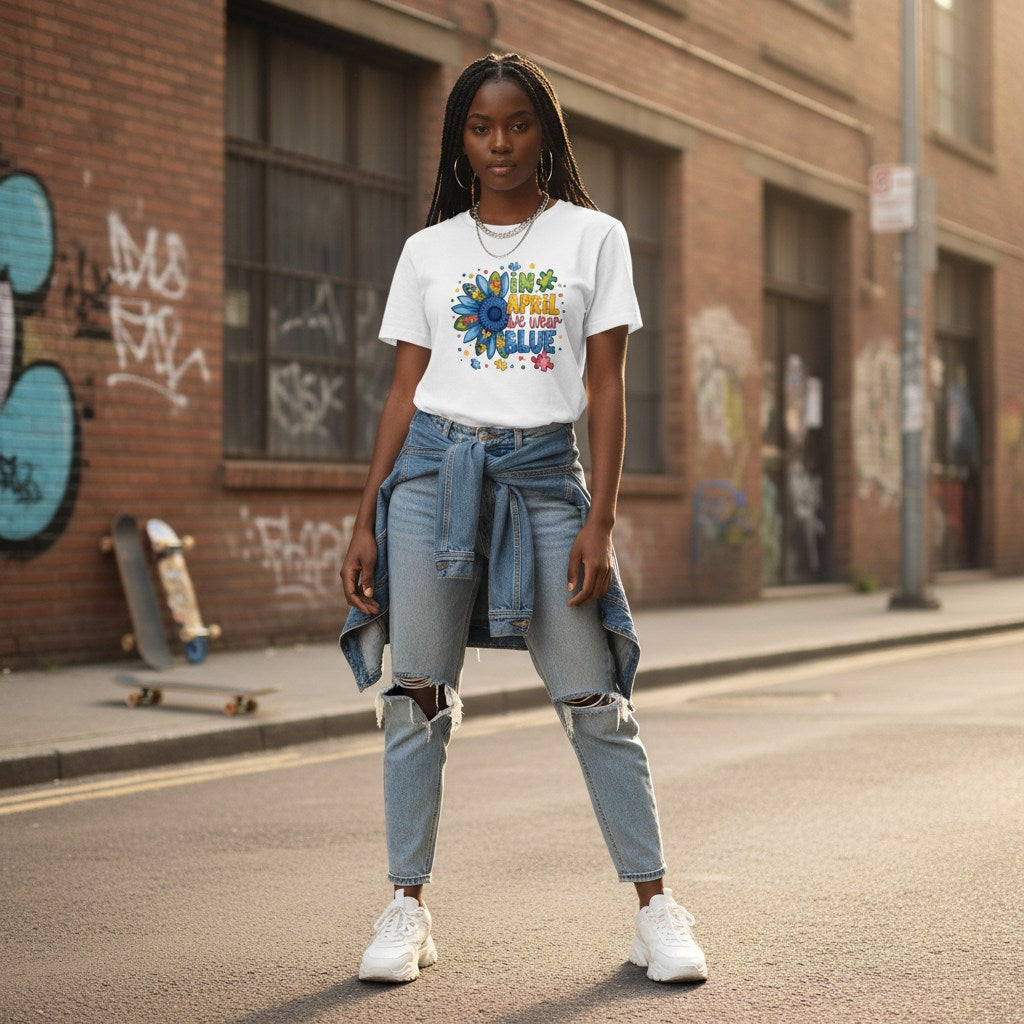Black woman wearing a white autism awareness T-shirt in April We Wear Blue sunflower design.
