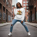 Black woman wearing a white its ok to be different giraffe sweatshirt.