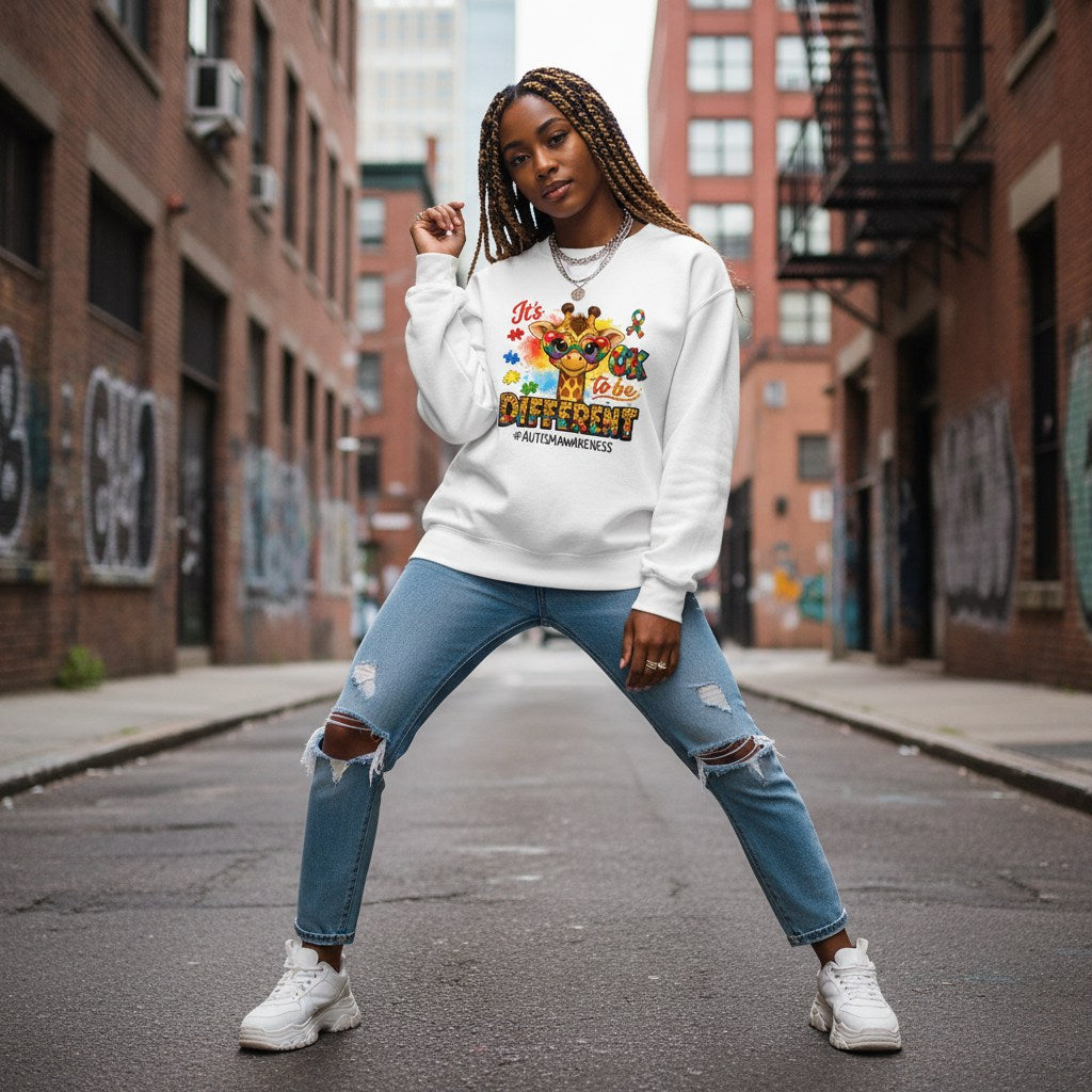 Black woman wearing a white its ok to be different giraffe sweatshirt.