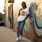 Black woman wearing a white autism awareness giraffe t-shirt.
