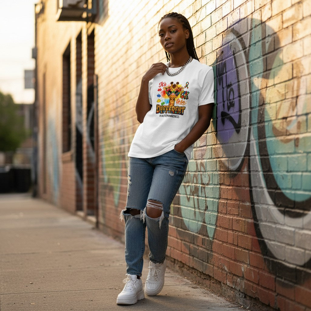 Black woman wearing a white autism awareness giraffe t-shirt.