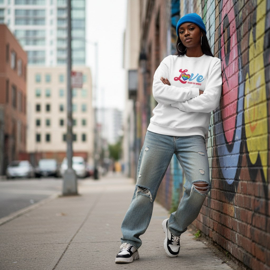 Black woman wearing a white Love Needs No Words autism awareness sweatshirt.