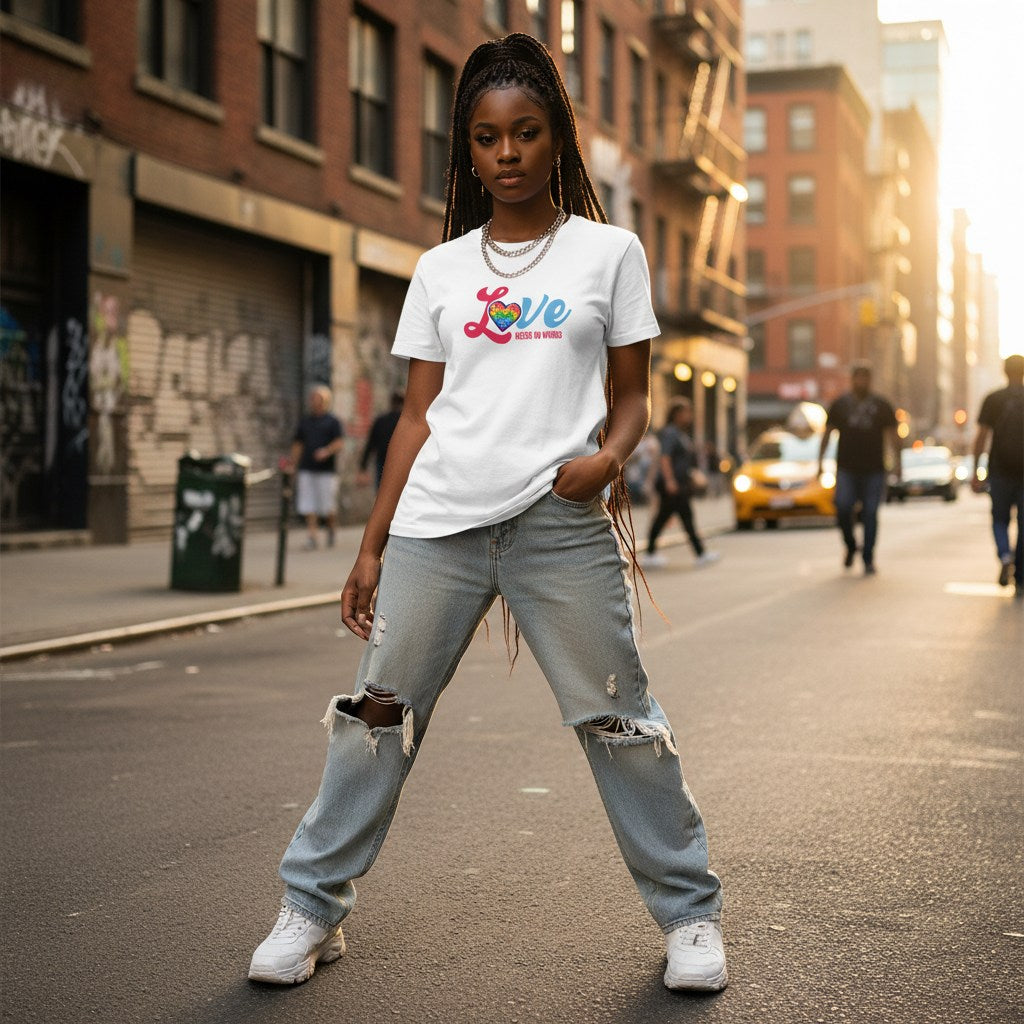 Black woman wearing a white "Love Needs No Words" autism awareness t-shirt.