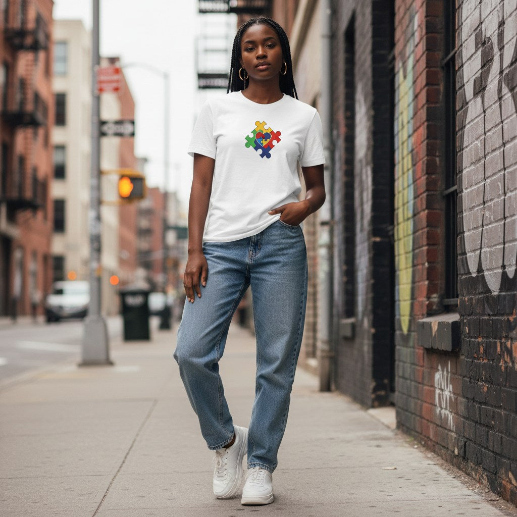 Black woman wearing a white autism awareness puzzle heart t-shirt.